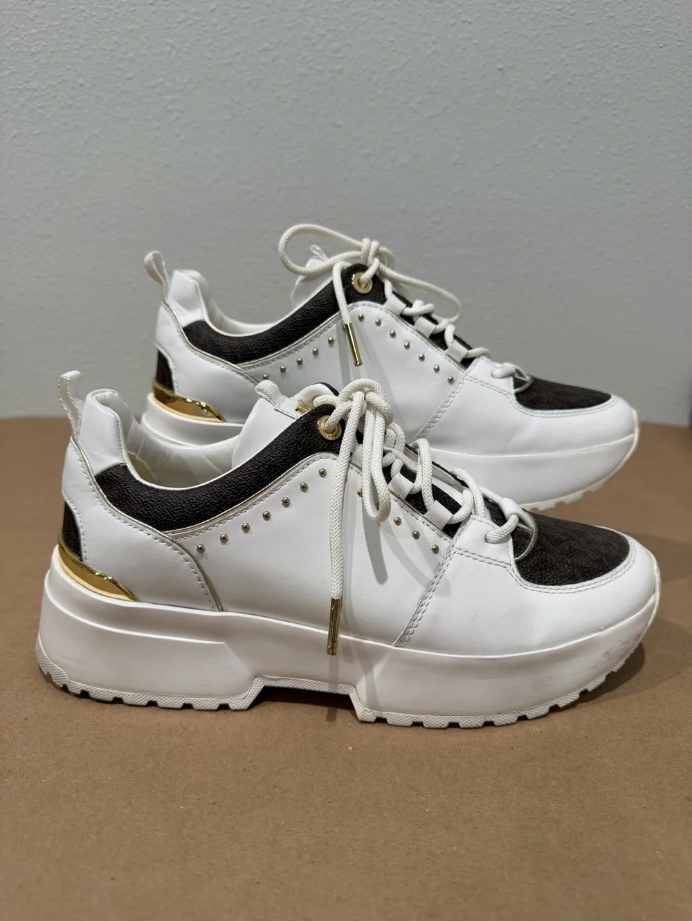 Michael Kors White Brown MK Logo Monogram Chunky Sneakers Gold Studs – Women’s 8